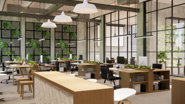 istock Interior Empty Modern Loft Office open space modern office footage.Modern open concept Lobby and reception area meeting room design.3d Rendering . 1773817424