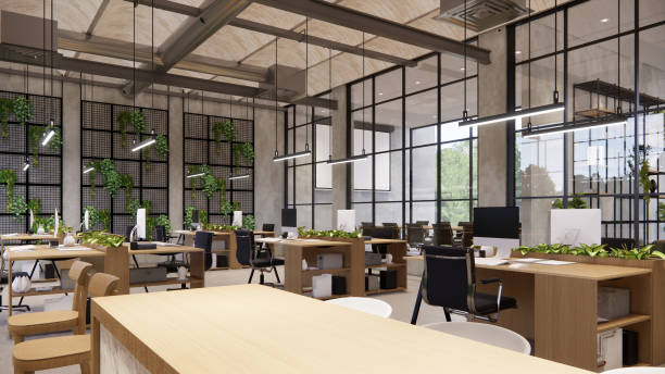 istock Interior Empty Modern Loft Office open space modern office footage.Modern open concept Lobby and reception area meeting room design.3d Rendering . 1773817955