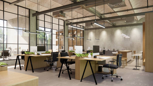 istock Interior Empty Modern Loft Office open space modern office footage.Modern open concept Lobby and reception area meeting room design.3d Rendering . 1773818476