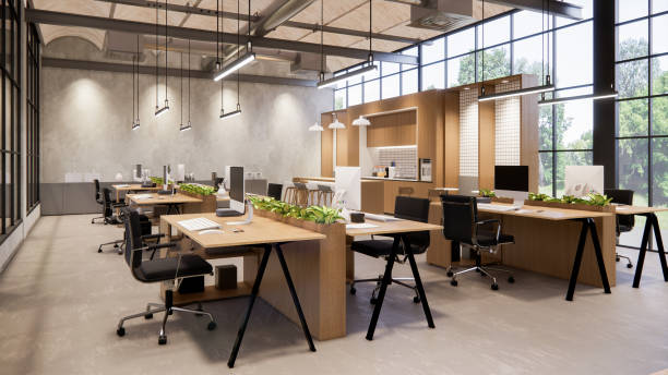 istock Interior Empty Modern Loft Office open space modern office footage.Modern open concept Lobby and reception area meeting room design.3d Rendering . 1773818477