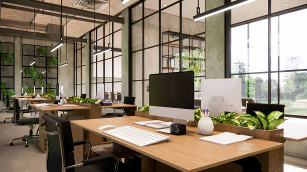 istock Interior Empty Modern Loft Office open space modern office footage.Modern open concept Lobby and reception area meeting room design.3d Rendering . 1773818482