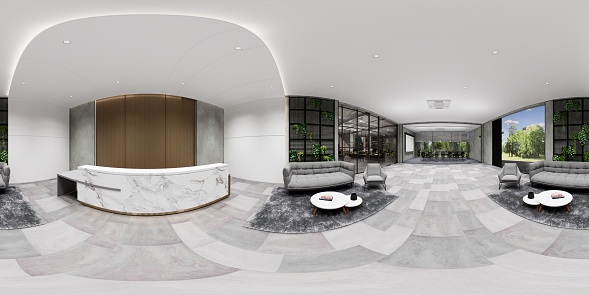 3d illustration spherical 360 vr degrees, a seamless panorama of the room and office. interior design 3D rendering.reception in a modern panoramic office