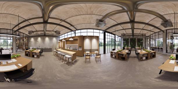 istock 3d illustration spherical 360 vr degrees, a seamless panorama of the room and office. interior design 3D rendering.reception in a modern panoramic office 1773829068