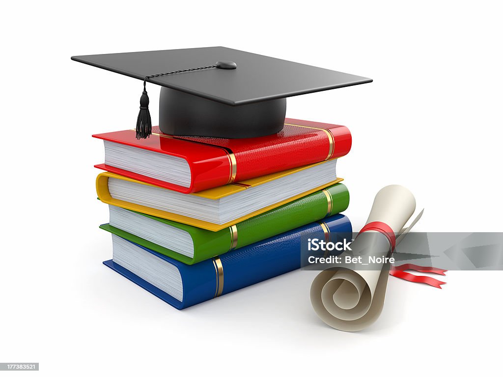Graduation. Mortarboard, diploma and books. 3d "Graduation. Mortarboard, diploma and books on white background. 3d" Book Stock Photo