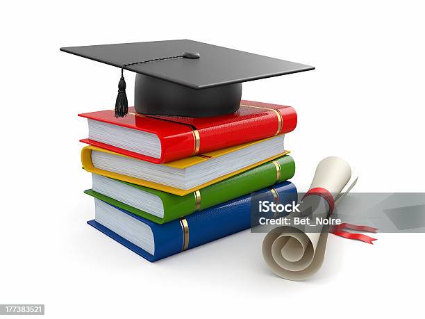 Graduation Mortarboard Diploma And Books 3d Stock Photo - Download Image Now - Book, Certificate, Concepts