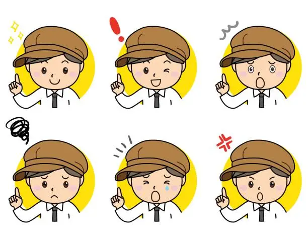 Vector illustration of Emotions, Angers, Sorrows, Male Clerk/Staff Facial Expressions, Pointing Pose Set: Smile, Angry, Troubled, Worried, Sad / illustration material (vector illustration)