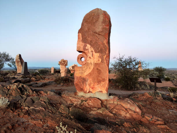 Sandstone sculptures at The Living Desert State park near Broken Hill City, nestled amongst the Barrier Ranges.On top of the highest hill inside the reserve are 12 sandstone sculptures, created in 1993 by a group of artists from all over the world, which are now one of the top attractions in Outback NSW.