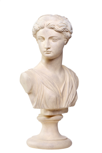 A copy of a stone bust of the Greek Goddess Artemis, daughter of Zeus, twin sister of Apollo. This photograph provides a 2/3 view of the face and is photographed on a pure white background for easy isolation.  See more Greek Gods: