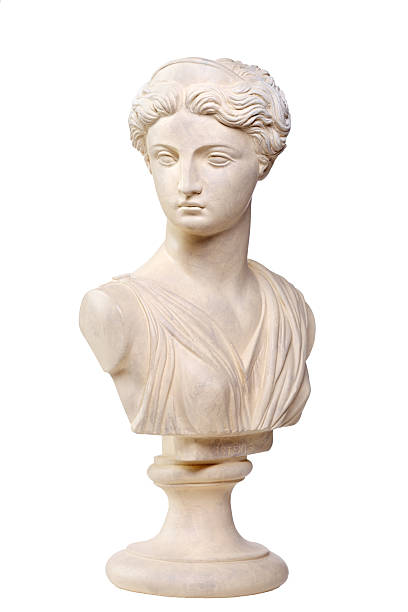 Greek Goddess Artemis - Stone bust copy A copy of a stone bust of the Greek Goddess Artemis, daughter of Zeus, twin sister of Apollo. This photograph provides a 2/3 view of the face and is photographed on a pure white background for easy isolation.  See more Greek Gods: chest torso photos stock pictures, royalty-free photos & images