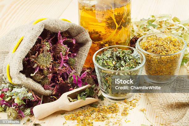 Various Healing Herbs And Teas In Containers Stock Photo - Download Image Now - Alternative Medicine, Bag, Beauty