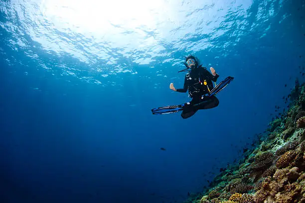 A scubadiver in deep blue of indian ocean. Picture take in Ari atoll - Maldives.