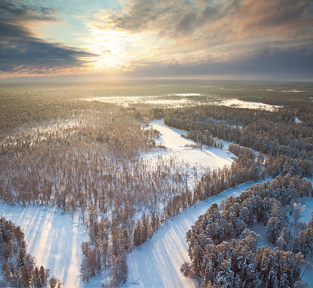 istock Top view of forest river at winter morning 177385593