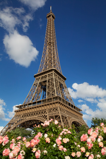 Eiffel Tower and Paris skyline in spring sunny day with tulips flowerbed, France