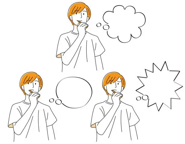 Vector illustration of A set of speech bubbles with a person brushing their teeth while thinking about something / illustration material (vector illustration)