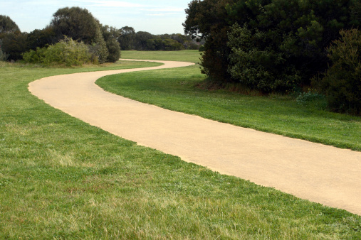 A winding walking path through a grass park.