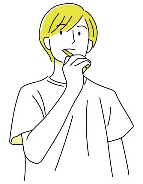 Vector illustration of Illustration of a person brushing his teeth while thinking about something / illustration material (vector illustration)