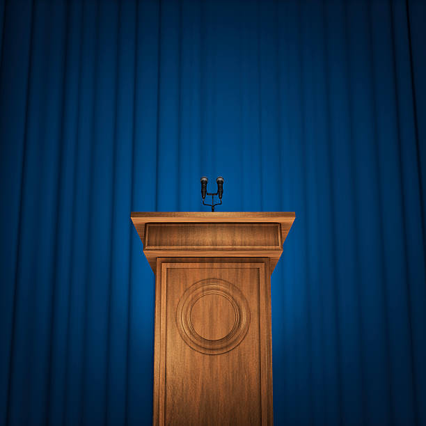 Press conference 3D render speaker podium with microphones and blue curtain background lectern stock pictures, royalty-free photos & images