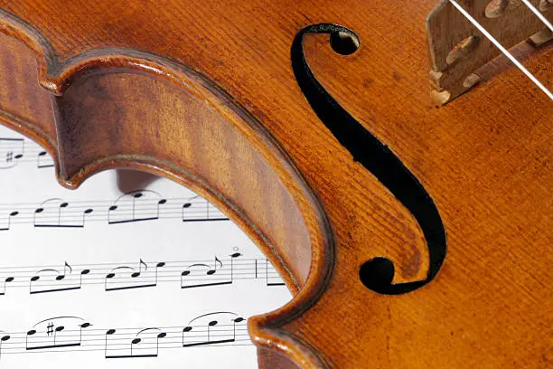Very close macro shot of an antique italian violin and a classical sheet music