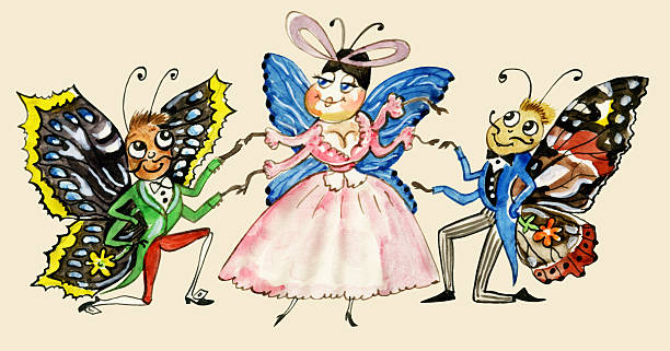 illustrazioni stock, clip art, cartoni animati e icone di tendenza di carini fumetto lady e ragazzi farfalle - butterfly women humor fun