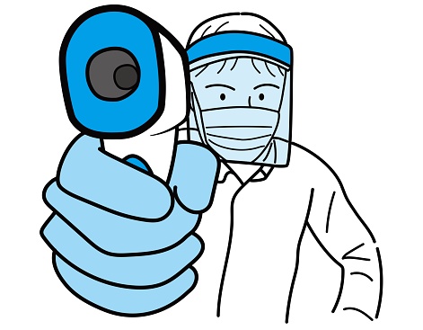 A male medical worker taking body temperature with a non-contact thermometer / illustration material (vector illustration)