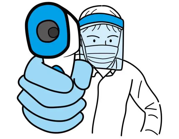 Vector illustration of A male medical worker taking body temperature with a non-contact thermometer / illustration material (vector illustration)