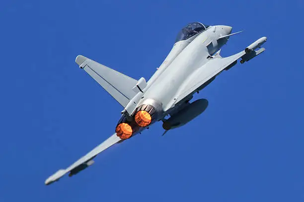 Eurofighter Typhoon climbing away with afterburners lit
