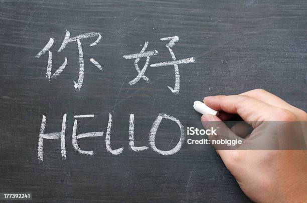 Hola Palabra Por Escrito En Una Pizarra Manchar Foto de stock y más banco de imágenes de Cultura china - Cultura china, Aprender, Enseñar