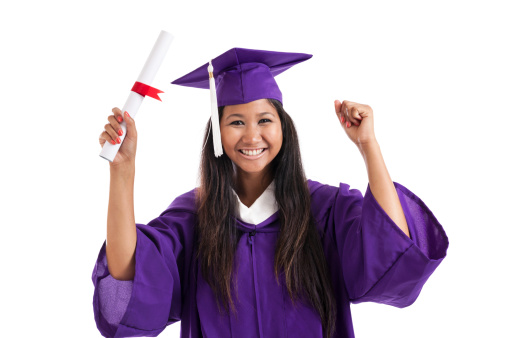 Cheerful Malaysian college graduate holding diploma isolated on white See more of this