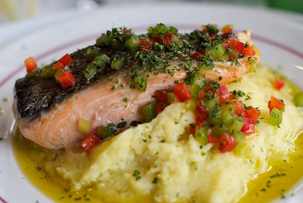 istock Grilled Salmon with mashed potatoes in olive oil 177393226