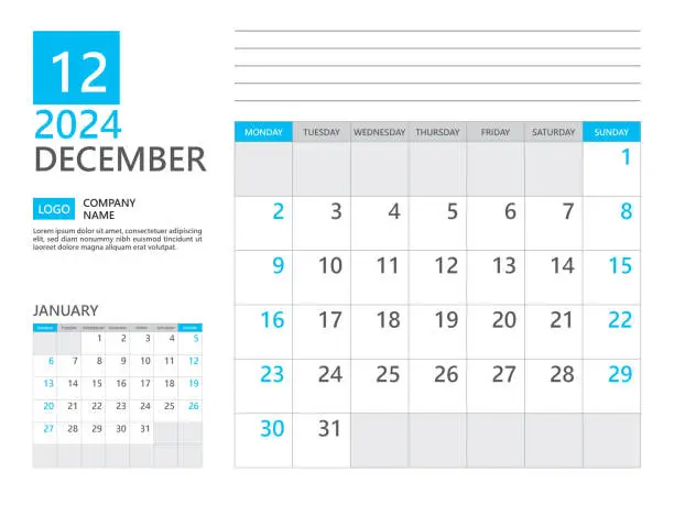 Vector illustration of December 2024 template, Calendar planner 2024, week start on Monday, Desk calendar 2024 year, simple planner and clean design, Wall calendar design, Corporate planner template, Business template