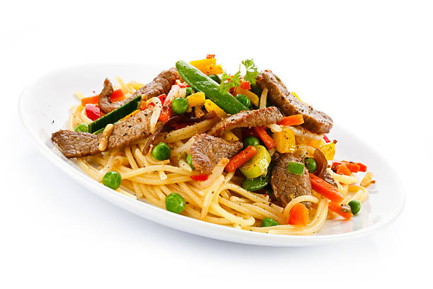 istock Pasta with grilled meat and vegetables 177394372