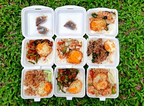 Assorted Bangkok Street Food (Takeout) - Green background.