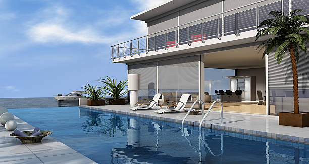 istock Luxury beach house with pool and yacht 177395210