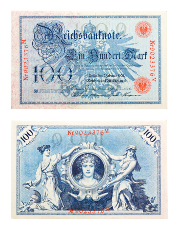Front and back side of a German Reichsbanknote of 100 Mark from 1908.More old German money: