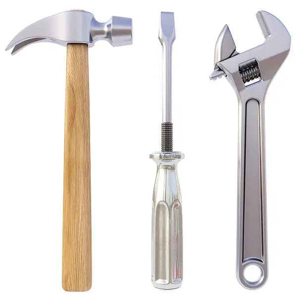 "hammer, screwdriver, wrench. Isolated on white."