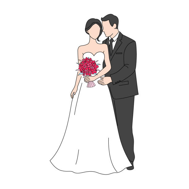 Happy wedding bride and groom at wedding ceremony Happy wedding bride and groom at wedding ceremony. Beautiful wedding couple in wedding clothes bride holding bouquet stock illustrations