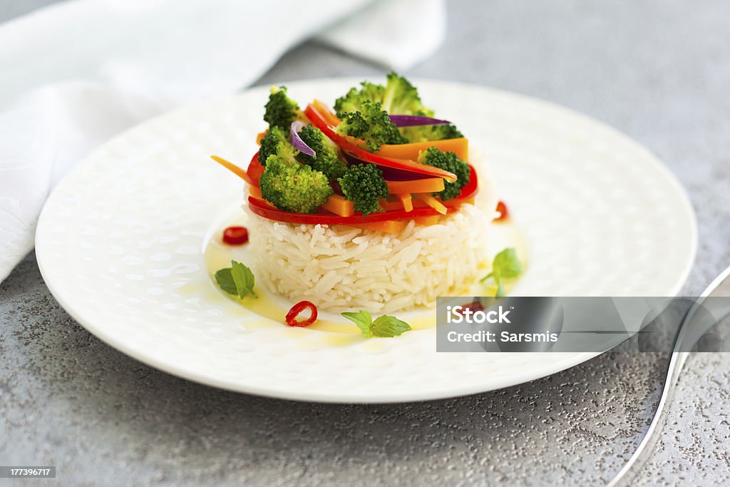 steamed vegetables with rice steamed vegetables with rice on the plate Appetizer Stock Photo