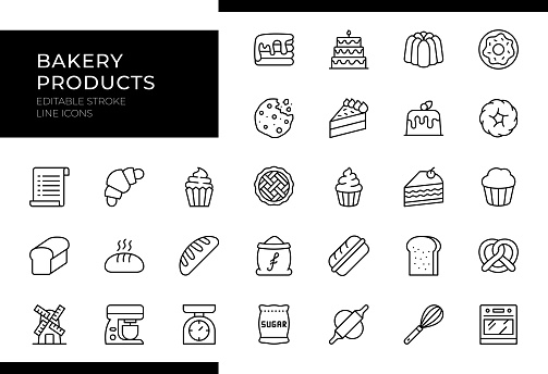Bakery Products Line Icon Set features essential icons like 'Bread,' 'Croissant,' 'Cake,' 'Rolls,' and 'Pastry.' Editable stroke for easy customization.