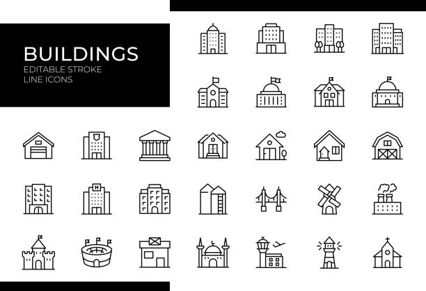 Buildings Icons - Line Series - Editable Stroke Buildings Line Icon Set features essential icons like 'Skyscraper,' 'House,' 'Apartment,' 'Office Building,' and 'School.' Editable stroke for easy customization. sports venue stock illustrations