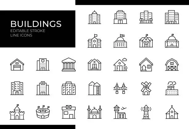 Vector illustration of Buildings Icons - Line Series - Editable Stroke