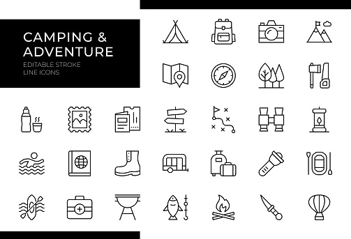 Camping Line Icon Set features essential icons like 'Tent,' 'Campfire,' 'Backpack,' 'Compass,' and 'Sleeping Bag.' Editable stroke for easy customization.