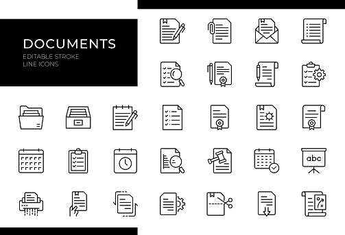 Documents Line Icon Set includes essential icons like 'File Folder,' 'Paper Document,' 'Clipboard,' 'Document Edit,' and 'Document Search.' Editable stroke for easy customization.