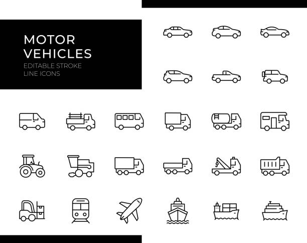 Vehicles Icons - Line Series - Editable Stroke Motor Vehicles Line Icon Set includes icons like 'Truck,' 'Automobile,' 'Airplane,' and more. Editable stroke for customization truck stock illustrations