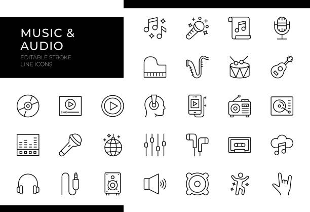 Music and Audio Icons - Line Series - Editable Stroke Music & Audio Line Icon Set includes essential icons like 'Headphones,' 'Microphone,' 'Music Note,' 'Speaker,' and 'Guitar.' Editable stroke for easy customization. musical notes icon stock illustrations