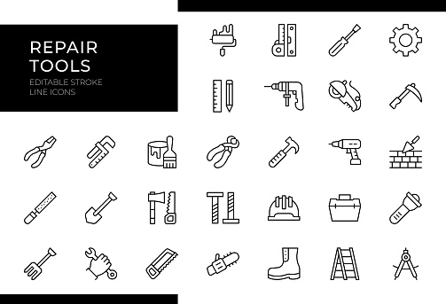 Repair Tools Line Icon Set includes essential icons like 'Wrench,' 'Screwdriver,' 'Hammer,' 'Pliers,' and 'Tape Measure.' Editable stroke for easy customization.