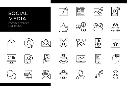 Social Media Line Icon Set features essential icons like 'Social Network,' 'Chat Bubble,' 'Hashtag,' 'Like Button,' and 'Share.' Editable stroke for easy customization.
