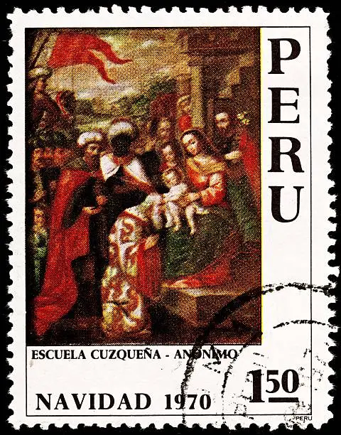 "PERU - CIRCA 1970:  A stamp printed in Peru shows a painting of the three Wisemen visiting Jesus and Mary done in the Peruvian Cuzco School painting style, circa 1970.  - see lightbox for more."