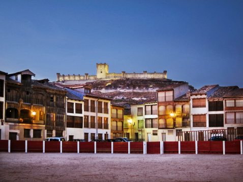 Plaza del Coso and PeAafiel castle at night. Valladolid Spain.