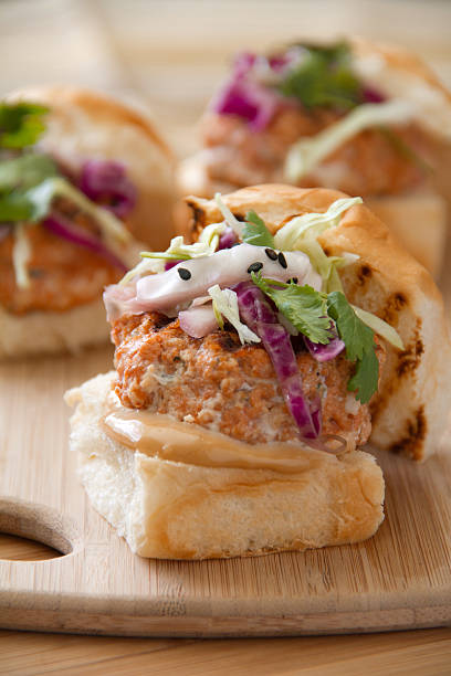 Grilled Asian Spiced Salmon Sliders stock photo