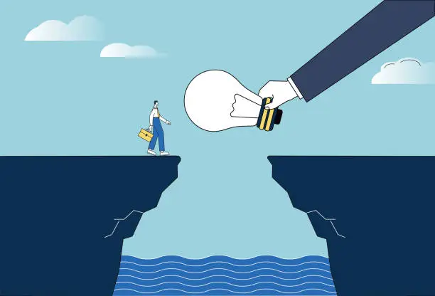 Vector illustration of The giant used light bulbs to help white-collar workers cross the cliff.